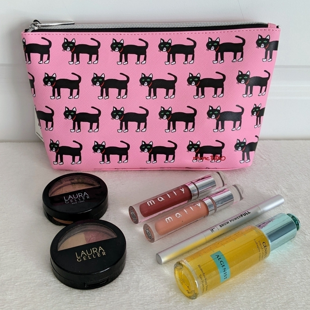 marc tetro Black Cat Print Large Cosmetic Case Pouch PVC Saffiano Pink NWT